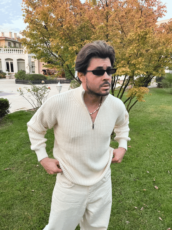 Yarım Fermaurlu Oversize Triko Kazak Krem