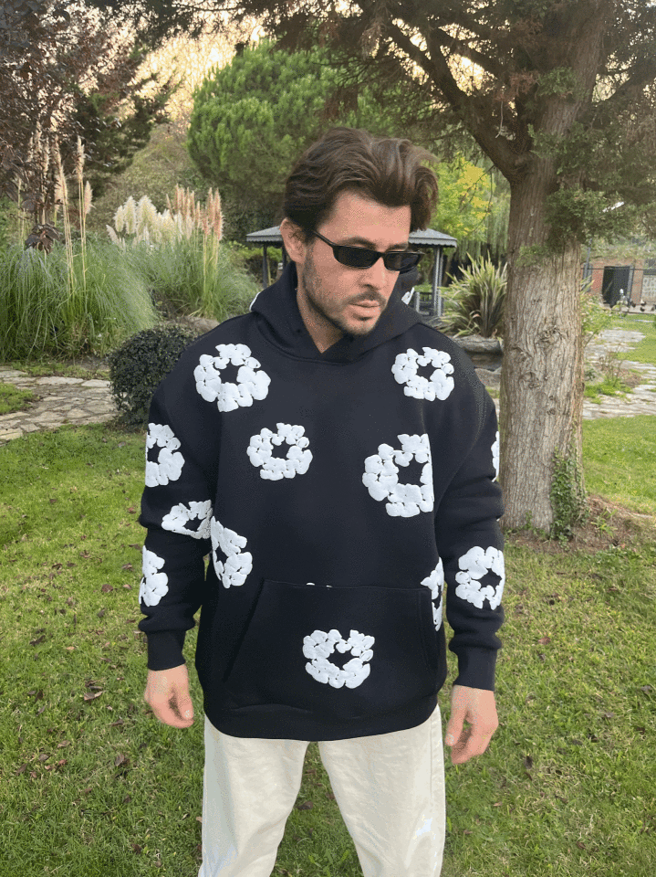 Üç İplik Şardonlu Oversize Çiçek Baskılı Kapşonlu Sweatshirt Siyah