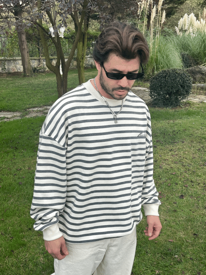 Füme Çizgili Oversize Sweat füme