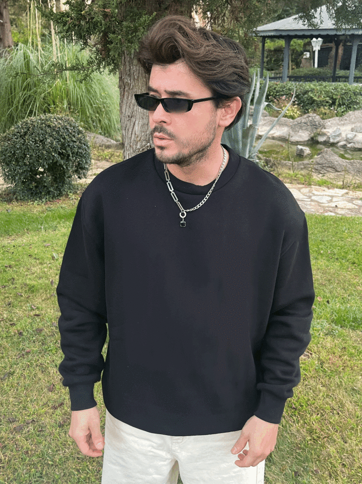 Üç iplik Şardonlu Basic Oversize Sweat Siyah