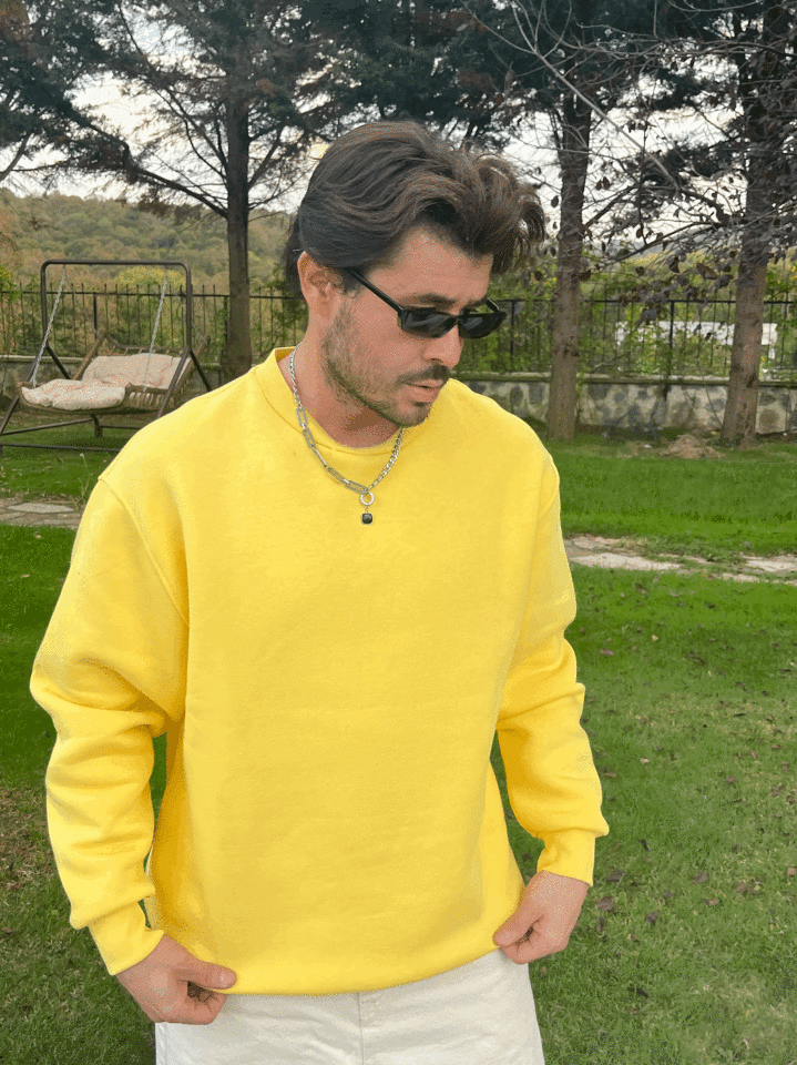 Üç iplik Şardonlu Basic Oversize Sweat Sarı