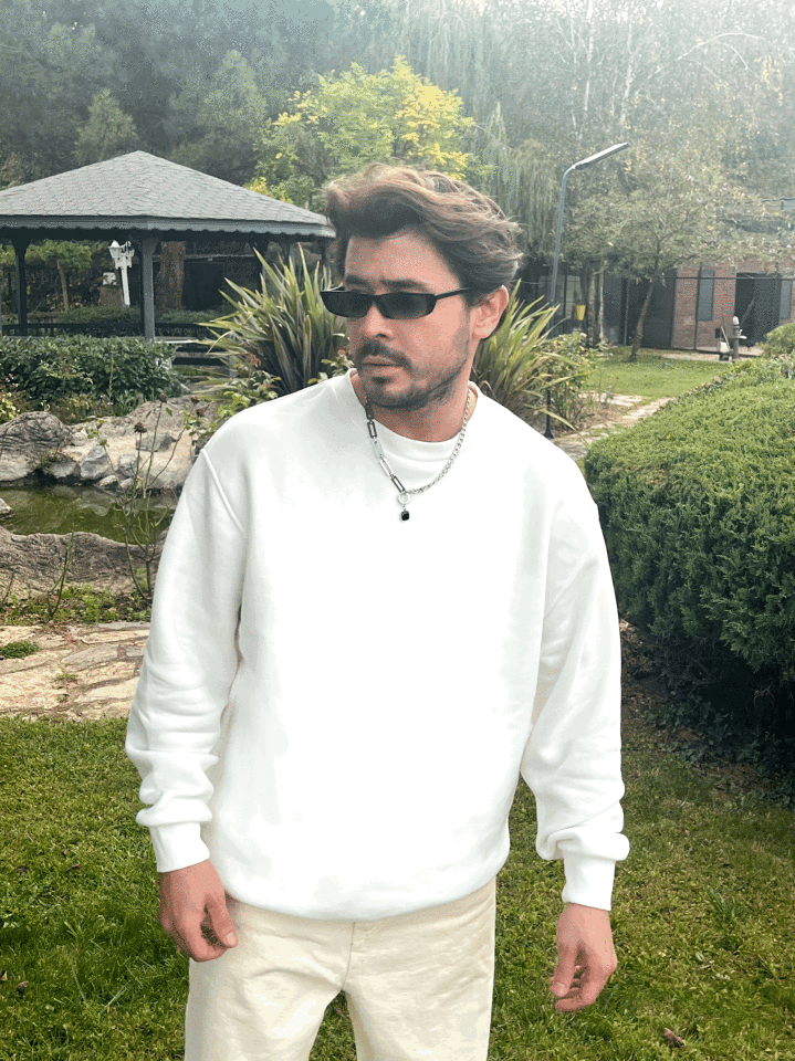 Üç iplik Şardonlu Basic Oversize Sweat Beyaz