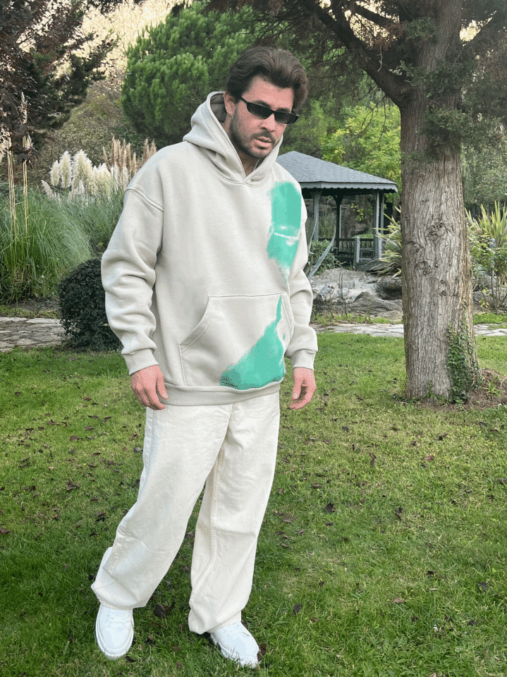 Üç İplik Şardonlu Greenface Oversize Sweatshirt Krem