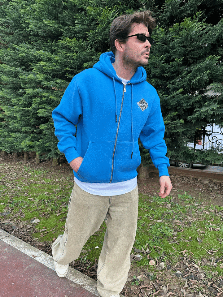 Oversize Fermuarlı Sweatshirt Mavi