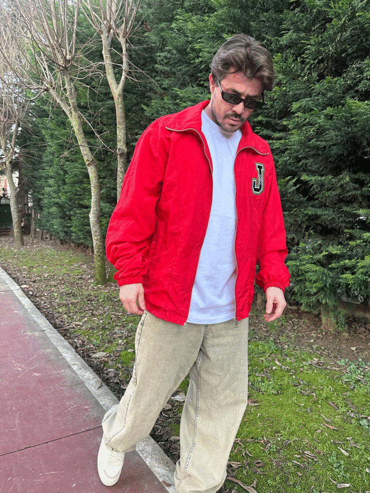 Oversize Baskılı Yağmurluk Kırmızı